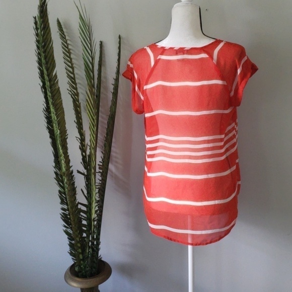 Old Navy sheer red button down blouse with white stripes - Picture 2 of 2